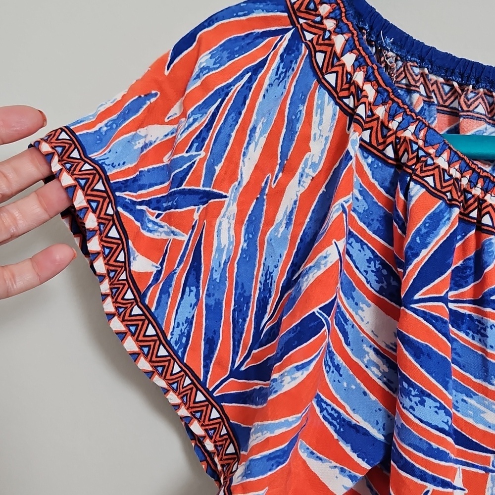 Flying Tomato Tropical Leaf Print Blouse XS Orange Blue Off Shoulder Boho Top - Picture 6 of 11